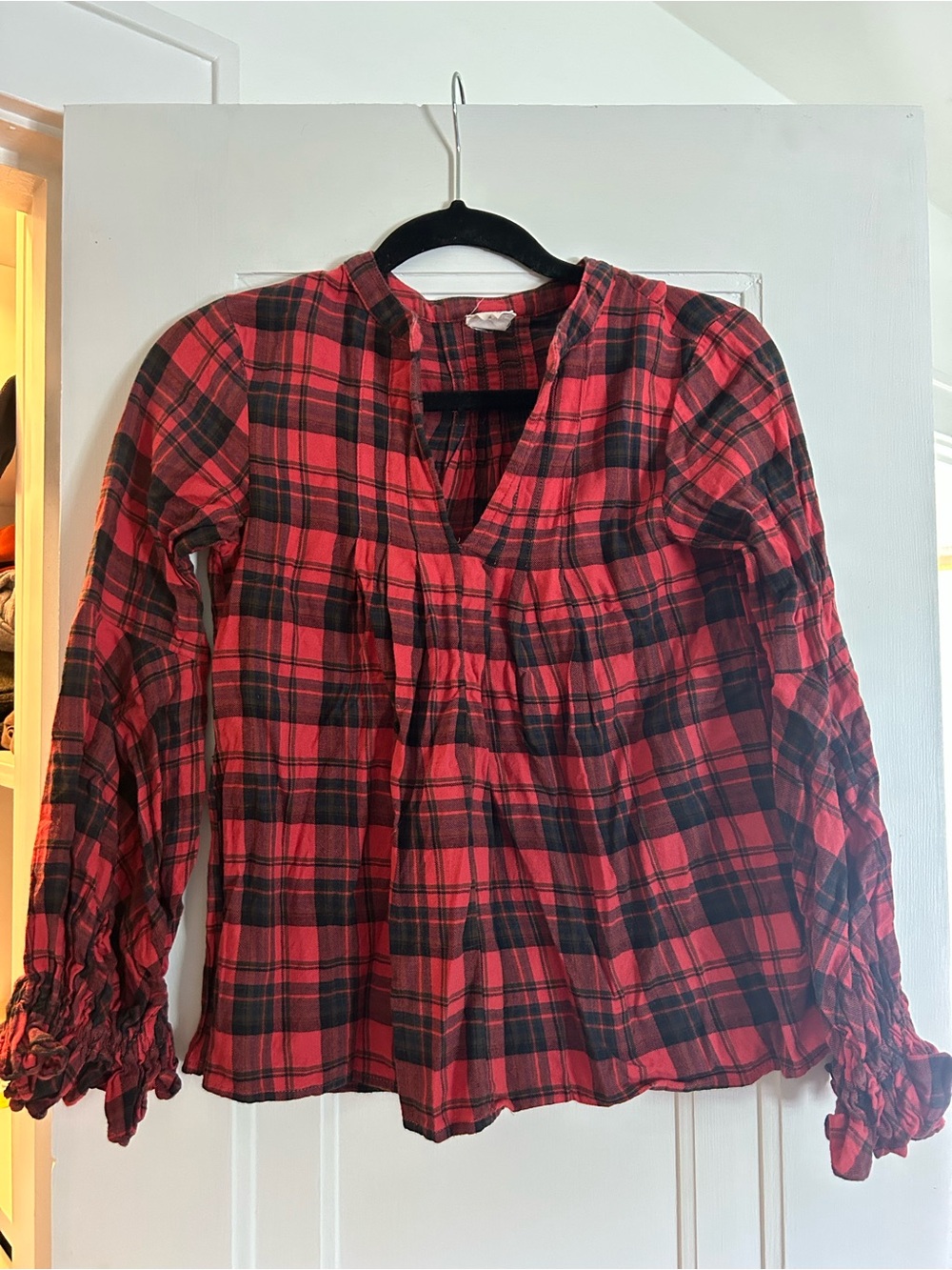 Plaid Red & Black Long-Sleeve Peasant Top